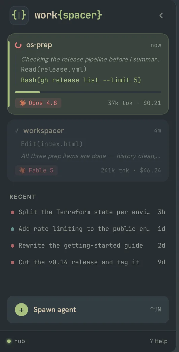 The sidebar: live agent cards on top, and the RECENT list of resumable past sessions below